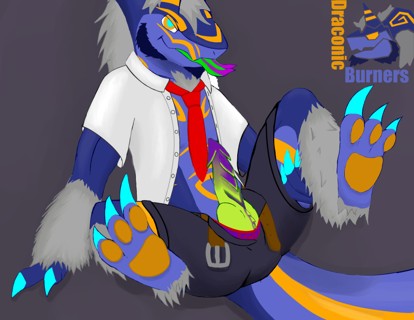 absurd_res belt bottomwear clothed clothing draconic_burners erection facial_hair fur glowing glowing_eyes goatee hi_res necktie open_pants open_shirt pants seyia shirt spread_legs spreading talons tongue topwear underwear