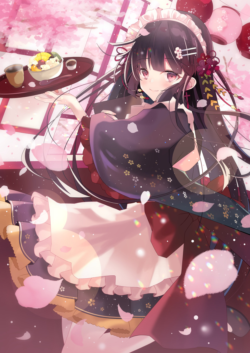 1girl absurdres aoi_yugina apron bangs black_hair blunt_bangs blush frilled_apron frills hair_ornament highres japanese_clothes kimono lolita_fashion long_hair maid maid_apron maid_headdress open_mouth original wa_lolita wa_maid white_apron yukata