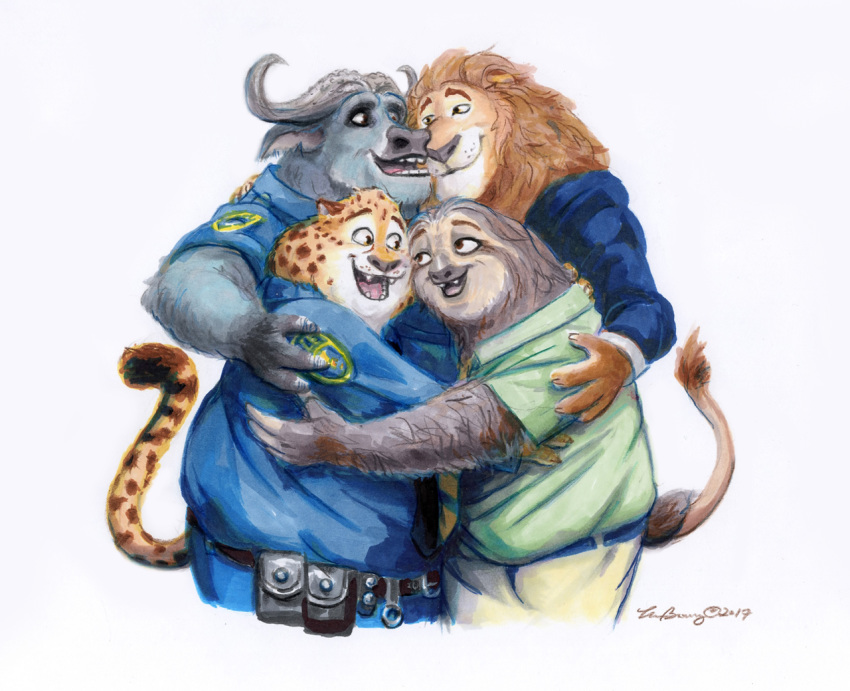 2017 anthro benjamin_clawhauser black_nose bovid bovine cape_buffalo cheetah chief_bogo chrisbcritter clothed clothing disney felid feline flash_slothmore fur group hug leodore_lionheart lion male mammal pantherine pilosan police_uniform simple_background sloth smile standing three-toed_sloth uniform white_background xenarthran zootopia