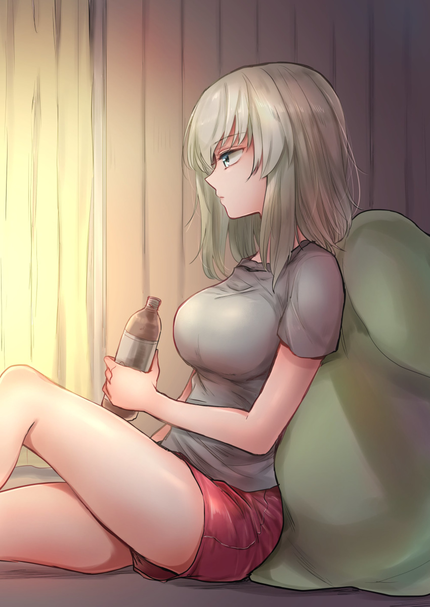 1girl absurdres bangs bean_bag_chair blue_eyes bottle closed_mouth commentary_request curtains emilio_(tetsukazu_no_ao) eyebrows_visible_through_hair from_side girls_und_panzer grey_shirt highres holding holding_bottle indoors itsumi_erika legs medium_hair on_floor red_shorts shirt short_shorts short_sleeves shorts silver_hair sitting solo t-shirt water_bottle