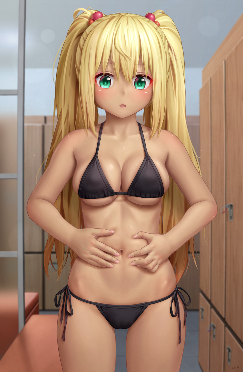 1girl aki99 bangs belly_grab bikini black_bikini blurry blurry_background blush breasts changing_room cowboy_shot dark_skin dumbbell_nan_kilo_moteru? eyebrows_visible_through_hair green_eyes highres indoors long_hair looking_at_viewer medium_breasts navel open_mouth revision sakura_hibiki side-tie_bikini solo standing swimsuit twintails