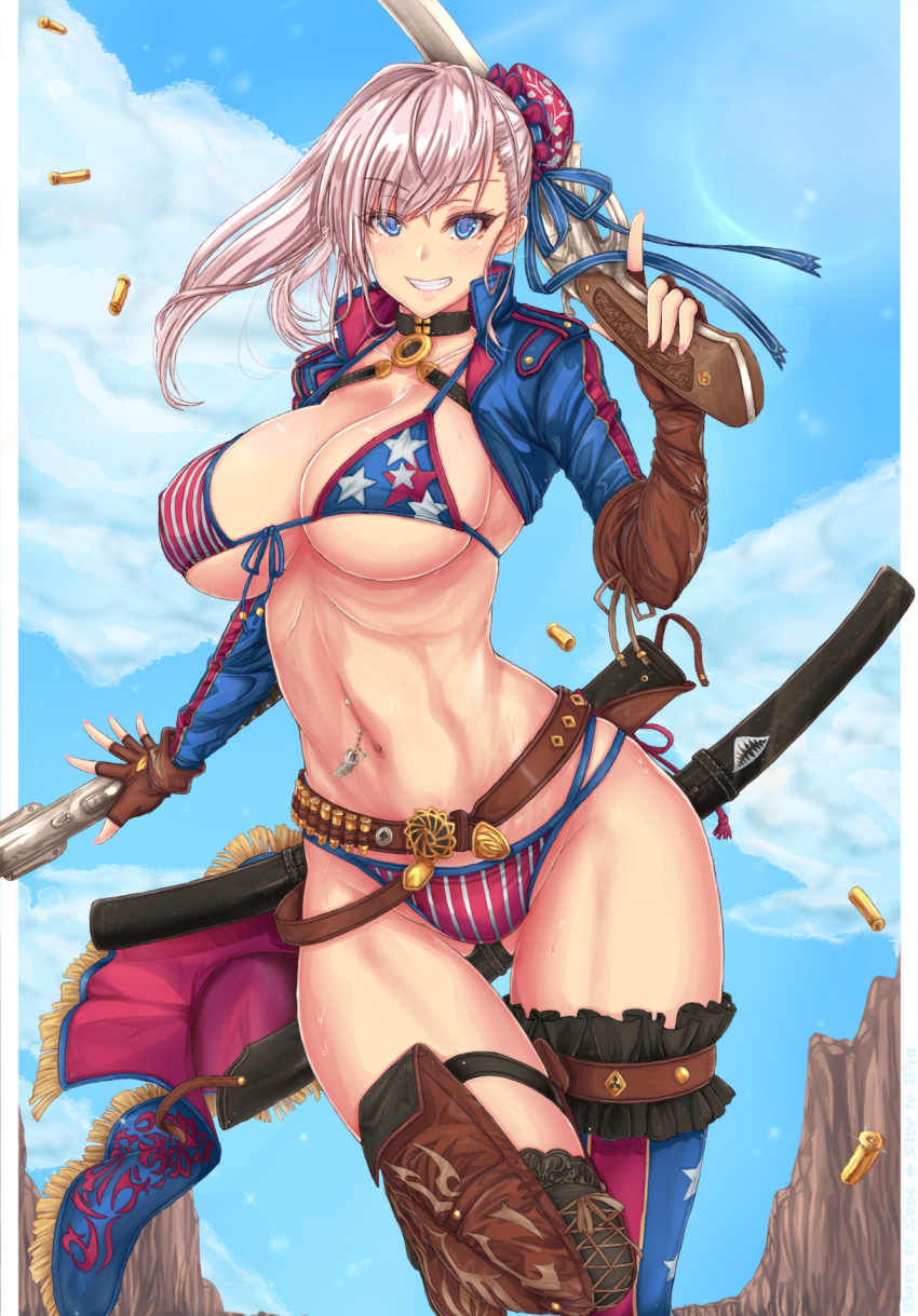 1girl american_flag_bikini ass_visible_through_thighs asymmetrical_gloves asymmetrical_legwear bangs belt bikini black_choker blue_eyes blue_ribbon blue_sky blush boots breasts brown_footwear brown_gloves bullet bun_cover choker cloud commentary day eyebrows_visible_through_hair fate/grand_order fate_(series) fingerless_gloves flag_print front-tie_bikini front-tie_top gloves grin gun hair_bun hair_ribbon hand_up highres holding holding_gun holding_weapon large_breasts leg_garter long_hair long_sleeves looking_at_viewer mickey_dunn miyamoto_musashi_(fate/grand_order) miyamoto_musashi_(swimsuit_berserker)_(fate) navel navel_piercing piercing ribbon scabbard sheath shrug_(clothing) silver_hair sky smile solo stomach swept_bangs swimsuit thigh_boots thighhighs thighs trigger_discipline weapon