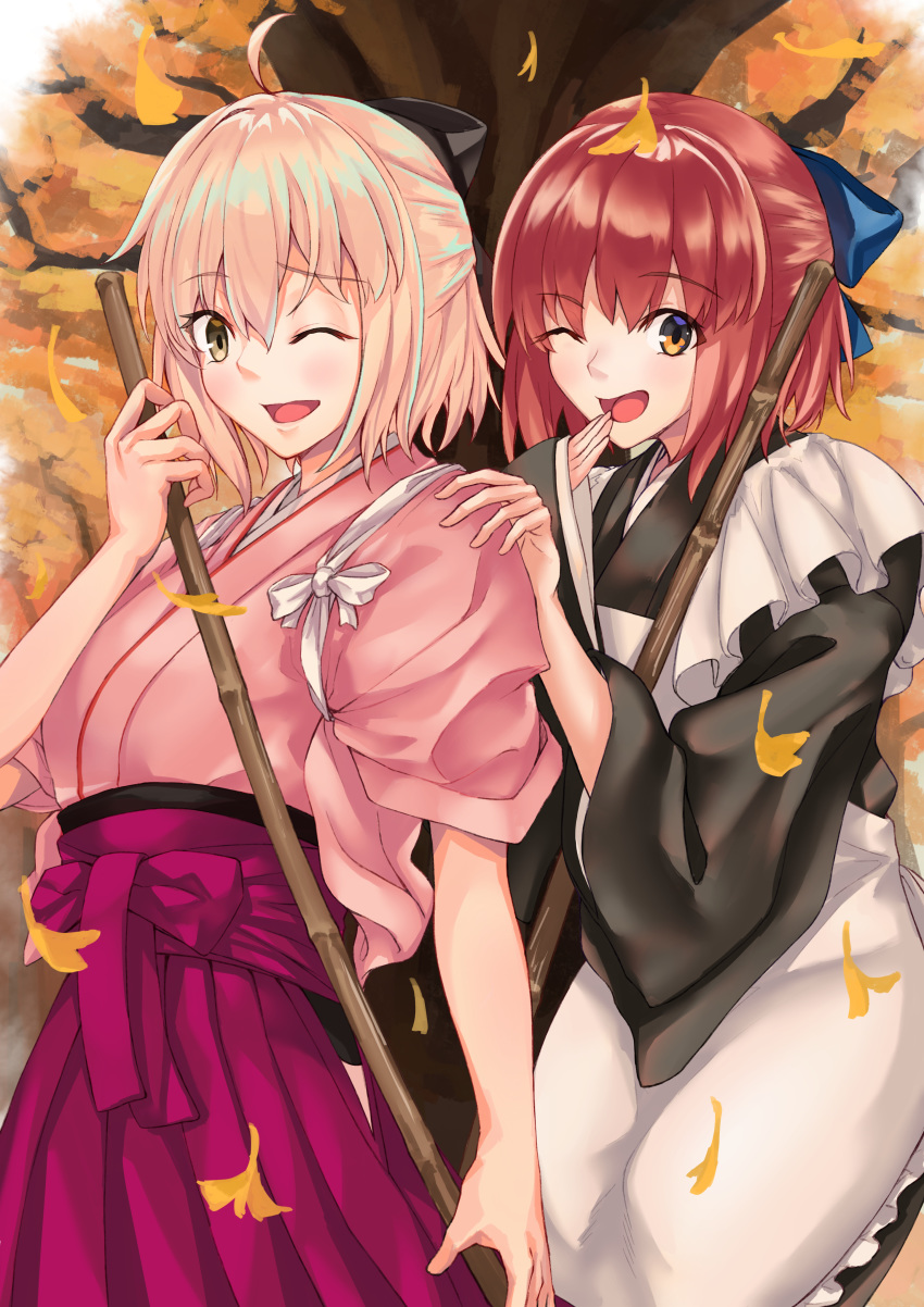 2girls absurdres apron bamboo_broom blonde_hair blue_ribbon blush broom falling_leaves fate/grand_order fate_(series) ginkgo hand_to_own_mouth highres japanese_clothes kimono kohaku laughing leaf maid_apron multiple_girls obi okita_souji_(fate) okita_souji_(fate)_(all) one_eye_closed red_hair ribbon sash short_hair tsukihime wide_sleeves yellow_eyes yu_sa1126