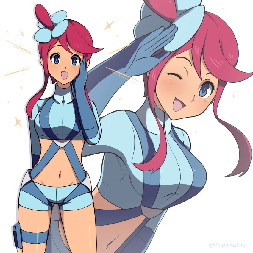 1girl :d arm_behind_back arm_up bare_legs blue_eyes blue_gloves blue_shirt blue_shorts breasts commentary cowboy_shot crop_top dark_skin elbow_gloves eyebrows_behind_hair facing_viewer flower fuuro_(pokemon) gloves groin gym_leader hair_flower hair_ornament hand_on_own_cheek highres large_breasts light_blush midriff navel one_eye_closed one_side_up open_mouth phiphi-au-thon pokemon pokemon_(game) pokemon_bw red_hair shirt short_shorts shorts smile solo sparkle suspenders thigh_pouch thigh_strap tied_hair topknot twitter_username white_background zoom_layer