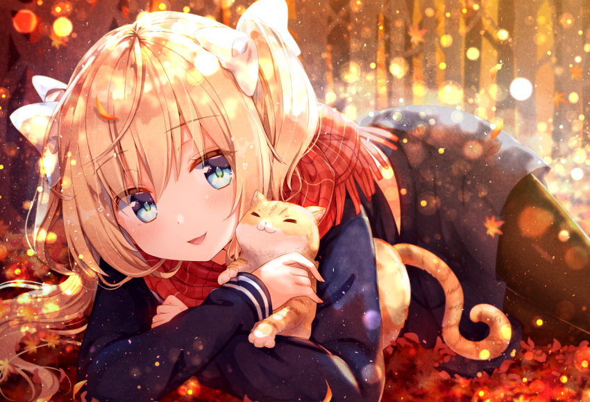 animal autumn blonde_hair cat gomano_rio leaves long_hair original pantyhose scarf school_uniform skirt