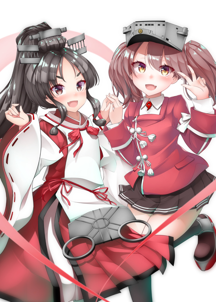 2girls bad_id bad_twitter_id black_hair black_legwear brown_eyes brown_hair commentary_request fang hair_ornament hakama hands_together high_ponytail highres japanese_clothes kantai_collection kariginu kirigakure_(kirigakure_tantei_jimusho) kneehighs long_hair long_sleeves magatama miko miniskirt multiple_girls nisshin_(kantai_collection) open_mouth platform_footwear pleated_skirt red_hakama red_ribbon ribbon ribbon-trimmed_sleeves ribbon_trim ryuujou_(kantai_collection) skin_fang skirt smile thick_eyebrows thighs twintails v visor_cap white_background white_legwear wide_sleeves yellow_eyes