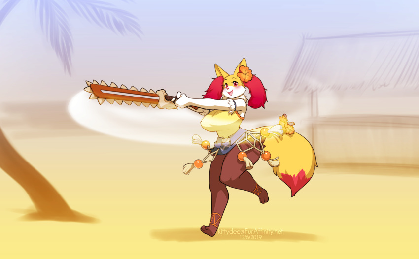 2019 accessory anthro beach big_breasts blush bottomwear braixen breasts canid canine clothed clothing cosplay day detailed_background digital_media_(artwork) dipstick_tail fan_character flower flower_in_hair fur hair hair_accessory hi_res holding_object holding_sword holding_weapon indivisible inner_ear_fluff kittydee leilani_(indivisible) mammal melee_weapon multicolored_tail nintendo open_mouth outside plant pok&eacute;mon pok&eacute;mon_(species) red_body red_eyes red_fur seaside seraphine_(roflfox) shirt skirt sky smile stick sword topwear tuft video_games weapon white_body white_fur yellow_body yellow_fur