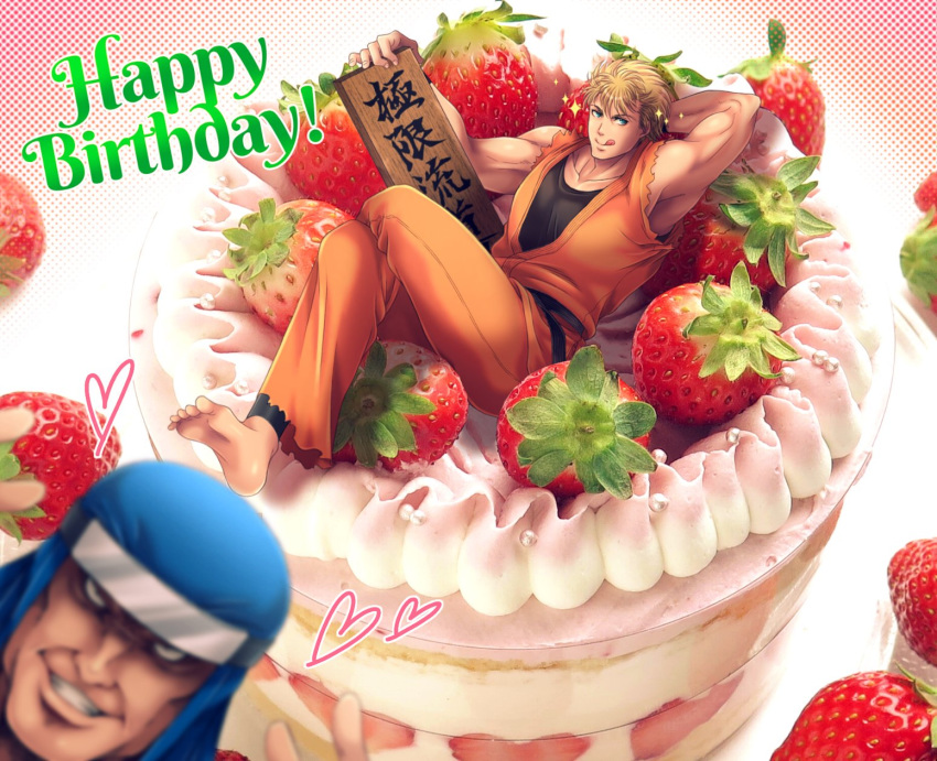 barefoot belt black_belt blonde_hair blue_eyes cake dougi food fruit fu-ha_jin hand_behind_head highres miru_(mill_36) photobomb ryou_sakazaki ryuuko_no_ken sign strawberry