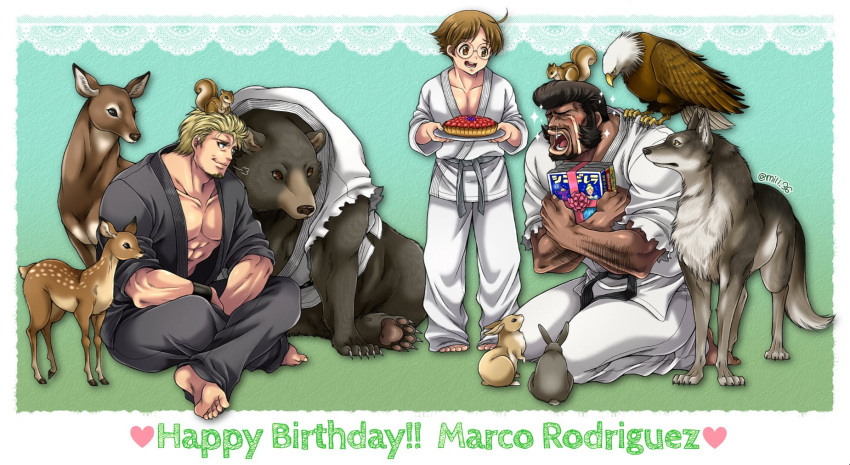 3boys bear bird blonde_hair crying dark_skin dark_skinned_male deer dougi eagle glasses happy_birthday highres marco_rodriguez mark_of_the_wolves miru_(mill_36) multiple_boys ryou_sakazaki ryuuko_no_ken squirrel wolf