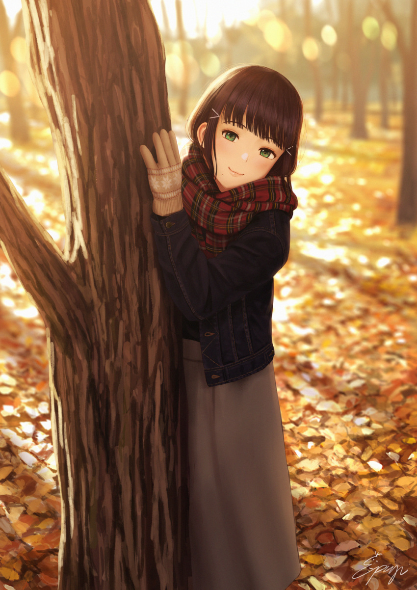 1girl :3 alternate_costume autumn autumn_leaves bangs black_jacket blurry blurry_background bokeh brown_gloves brown_hair casual closed_mouth commentary_request day denim denim_jacket depth_of_field gloves green_eyes grey_skirt hair_ornament hairclip highres jacket kurosawa_dia long_hair long_skirt long_sleeves love_live! love_live!_sunshine!! mole mole_under_mouth open_clothes open_jacket outdoors papi_(papiron100) pink_lips plaid plaid_scarf red_scales scarf skirt solo tree unbuttoned