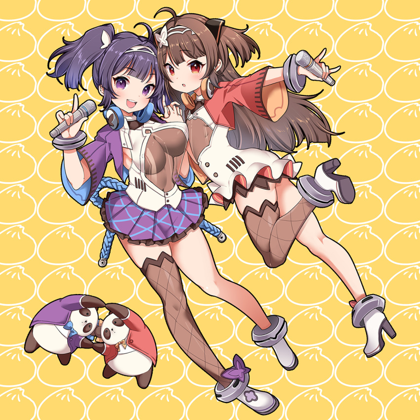 2girls :d ahoge anklet azur_lane bangs blunt_bangs blush bracelet breasts brown_hair brown_legwear butterfly_hair_ornament center_opening cleavage cropped_jacket eyebrows_visible_through_hair frilled_skirt frills full_body hair_ornament hairband headphones headphones_around_neck high_heels highres holding holding_hands holding_microphone interlocked_fingers jacket jewelry large_breasts leg_up long_hair long_sleeves microphone miniskirt mojarin_(kihara_mojarin) multiple_girls ning_hai_(azur_lane) open_clothes open_jacket open_mouth panda patterned_background ping_hai_(azur_lane) pleated_skirt purple_eyes purple_hair purple_jacket purple_skirt red_eyes red_jacket rope round_teeth see-through short_hair short_twintails single_thighhigh skirt small_breasts smile teeth thighhighs twintails two_side_up upper_body white_footwear white_hairband yellow_background