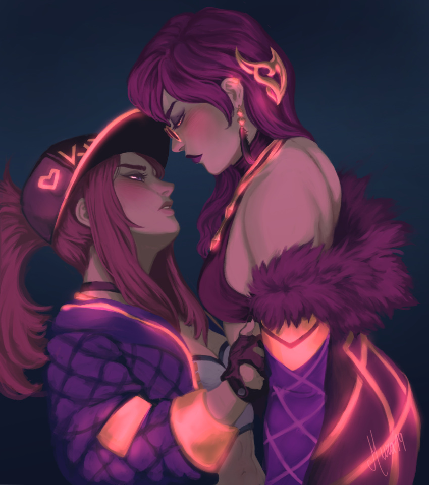 2girls abs akali baseball_cap blush breasts bustier choker cleavage commentary earrings elbow_gloves english_commentary evelynn eye_contact fingerless_gloves girl_on_top glasses gloves halter_top halterneck hat height_difference high-waist_skirt highres jewelry k/da_(league_of_legends) k/da_akali k/da_evelynn league_of_legends lipstick long_hair looking_at_another makeup midriff multiple_girls murasaki-yuri photo-referenced pince-nez ponytail purple-tinted_eyewear purple_eyes purple_eyeshadow purple_hair purple_lipstick quilted_coat skirt small_breasts torso_grab yuri