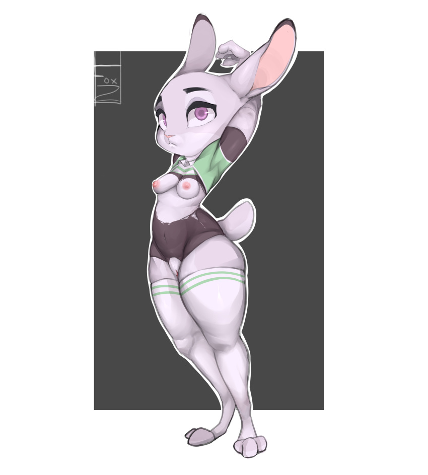 2019 absurd_res anthro arms_above_head barefoot bottomwear breasts cheerleader clothed clothing digital_media_(artwork) disney female foxialist hi_res judy_hopps lagomorph legwear leotard leporid looking_at_viewer mammal mostly_nude navel pose purple_eyes pussy rabbit small_breasts solo standing stockings stretching thigh_highs topwear torn_clothing zootopia