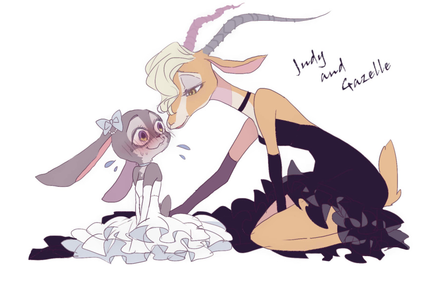 2016 antelope anthro blonde_hair blush bodily_fluids bovid clothed clothing disney dress duo eye_contact female fully_clothed fur gazelle gazelle_(zootopia) grey_body grey_fur hair horn judy_hopps ketsuusage2 kneeling lagomorph leporid looking_at_another mammal rabbit simple_background sweat sweatdrop tan_body wedding_dress white_background zootopia