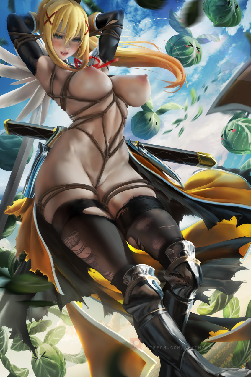 armor bondage naked nipples sakimichan sword thighhighs torn_clothes wings