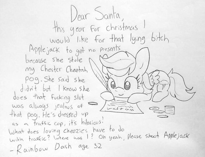 1:1 2019 christmas english_text equid equine female feral friendship_is_magic hair holidays letter mammal monochrome my_little_pony pterippus rainbow_dash_(mlp) simple_background solo text tjpones white_background wings writing_(disambiguation)