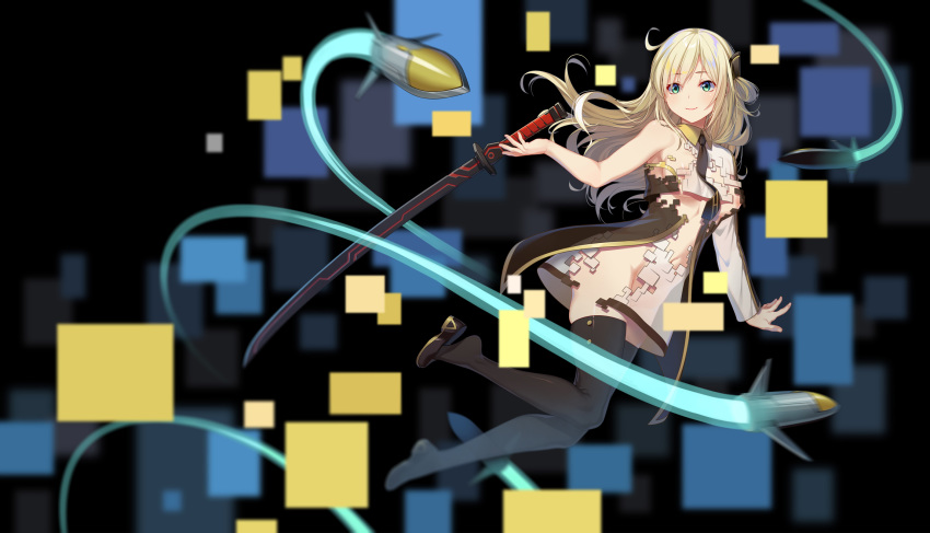 blonde_hair blue_eyes clothes_disappearing duel_monster frostcyco highres medium_hair missiles necktie shoe_dangle sky_striker_ace_-_raye sword thighhighs weapon yuu-gi-ou