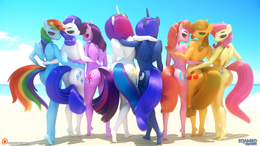 3d_(artwork) anthro applejack_(mlp) beach big_breasts breasts butt digital_media_(artwork) eqamrd equid equine female fluttershy_(mlp) friendship_is_magic hair horn horse lineup looking_at_viewer looking_back mammal my_little_pony nude pinkie_pie_(mlp) pony princess_celestia_(mlp) princess_luna_(mlp) pterippus rainbow_dash_(mlp) rarity_(mlp) rear_view seaside side_boob sky summer twilight_sparkle_(mlp) unicorn wide_hips winged_unicorn wings