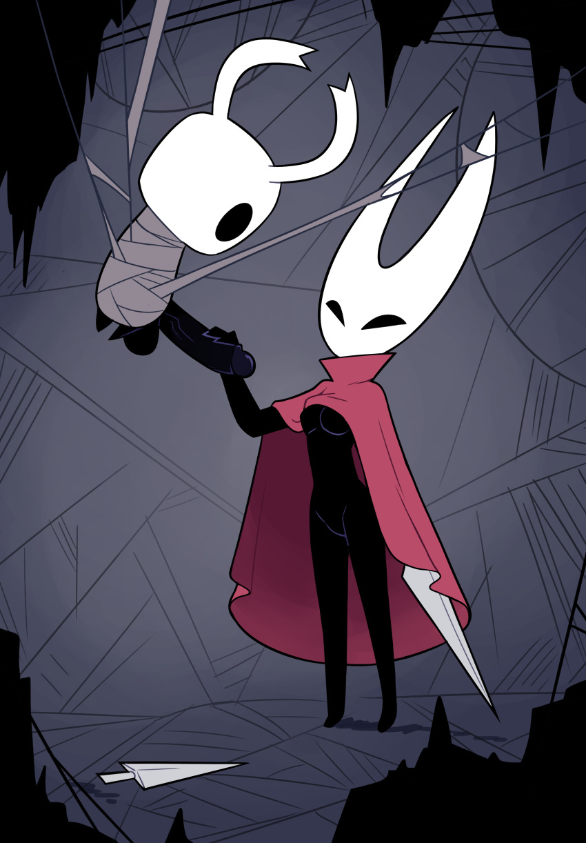 2019 absurd_res anthro arthropod balls big_balls big_penis black_body bound breasts chrysalis cloak clothed clothing duo erection featureless female handjob hi_res hollow_knight hornet_(hollow_knight) huge_penis humanoid_penis insect larger_female male male/female miscon penile penis protagonist_(hollow_knight) sex size_difference smaller_male vessel_(species) video_games weapon