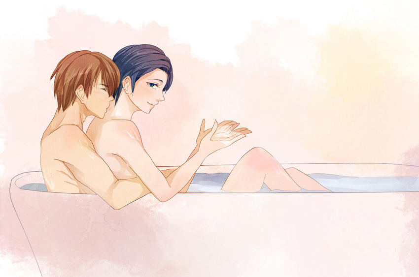 androgynous bathtub black_hair blue_eyes brown_hair closed_eyes couple eny3240 flat_chest gekkan_shoujo_nozaki-kun hetero hori_masayuki hug hug_from_behind kashima_yuu kiss knees_up neck_kiss short_hair smile water water_in_hands