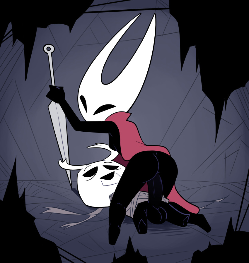 2019 absurd_res anthro arthropod balls big_balls big_penis black_body bound breasts butt chrysalis cloak clothed clothing cowgirl_position duo erection featureless female female_on_top female_penetrated hi_res hollow_knight hornet_(hollow_knight) huge_penis humanoid_penis insect kneeling larger_female male male/female miscon on_top open_mouth penetration penis sex size_difference smaller_male smile vaginal vaginal_penetration video_games weapon zote