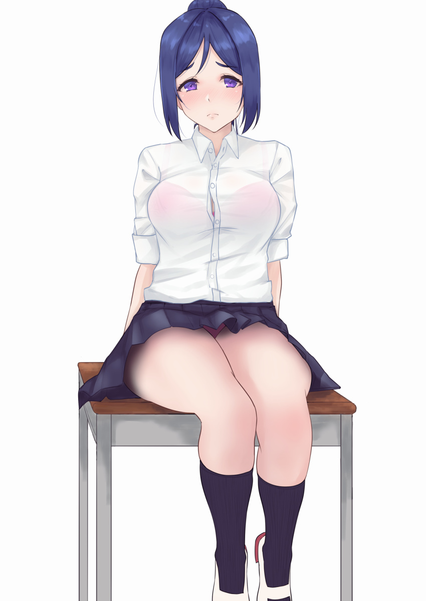 1girl absurdres arhah bangs blush bra bralines breasts cleavage desk dress_shirt embarrassed eyebrows_visible_through_hair frown highres long_hair looking_at_viewer love_live! love_live!_sunshine!! matsuura_kanan navy_blue_legwear navy_blue_skirt on_desk panties pink_bra pink_panties pleated_skirt school_desk school_uniform see-through shirt shoes signature simple_background sitting sitting_on_desk sitting_on_table skirt sleeves_rolled_up solo underwear uniform uwabaki wet wet_clothes wet_shirt white_background white_footwear white_shirt