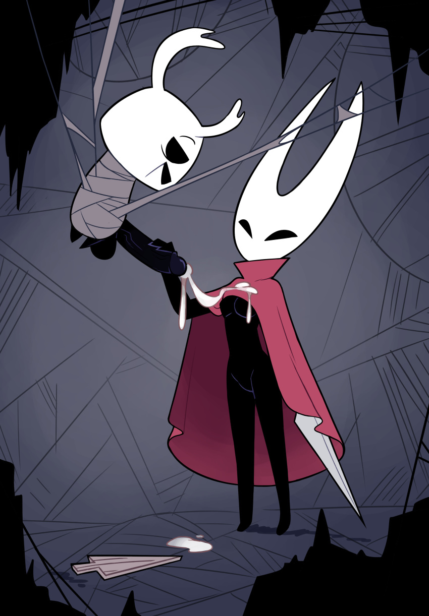 2019 absurd_res anthro arthropod balls big_balls big_penis black_body bodily_fluids bound breasts chrysalis cloak clothed clothing cum cum_on_chest cum_on_clothing cumshot duo ejaculation erection featureless female genital_fluids handjob hi_res hollow_knight hornet_(hollow_knight) huge_penis humanoid_penis insect larger_female male male/female miscon open_mouth orgasm penile penis sex size_difference smaller_male smile video_games weapon zote