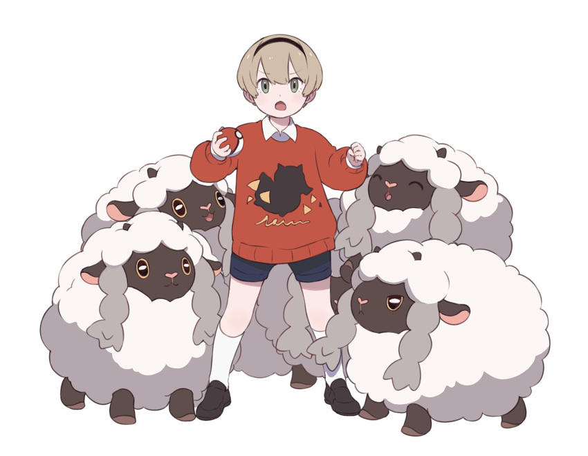 1boy ai-wa blonde_hair child fire_emblem fire_emblem_fates full_body gen_8_pokemon green_eyes hairband highres holding holding_poke_ball kneehighs leo_(fire_emblem) male_focus open_mouth poke_ball pokemon pokemon_(creature) sheep silver_hair simple_background socks sweater white_background white_legwear wooloo younger youngster_(pokemon)