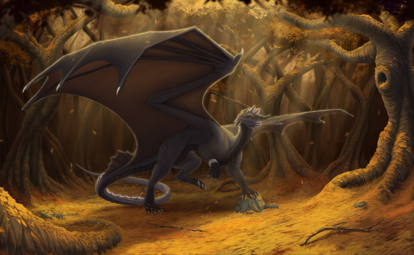 2019 absurd_res claws day detailed_background digital_media_(artwork) dragon forest grass green_eyes hi_res horn keltaan membrane_(anatomy) membranous_wings outside scales scalie spines tree western_dragon wings