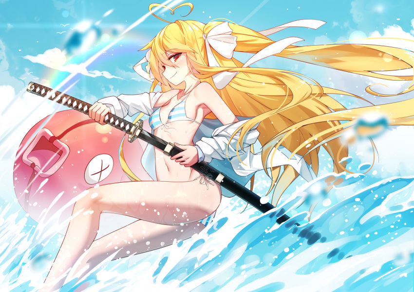 1girl animal bai_yemeng bangs bare_shoulders bikini blonde_hair blue_sky blurry blurry_foreground blush breasts closed_mouth cloud collarbone commentary_request day depth_of_field eyebrows_visible_through_hair fish floating_hair hair_between_eyes hair_ribbon holding holding_sheath holding_sword holding_weapon jacket katana long_hair off_shoulder open_clothes open_jacket original outdoors red_eyes ribbon sheath side-tie_bikini sky small_breasts smile solo striped striped_bikini swimsuit sword tokisaki_asaba two_side_up unsheathing very_long_hair water weapon white_jacket white_ribbon x_x