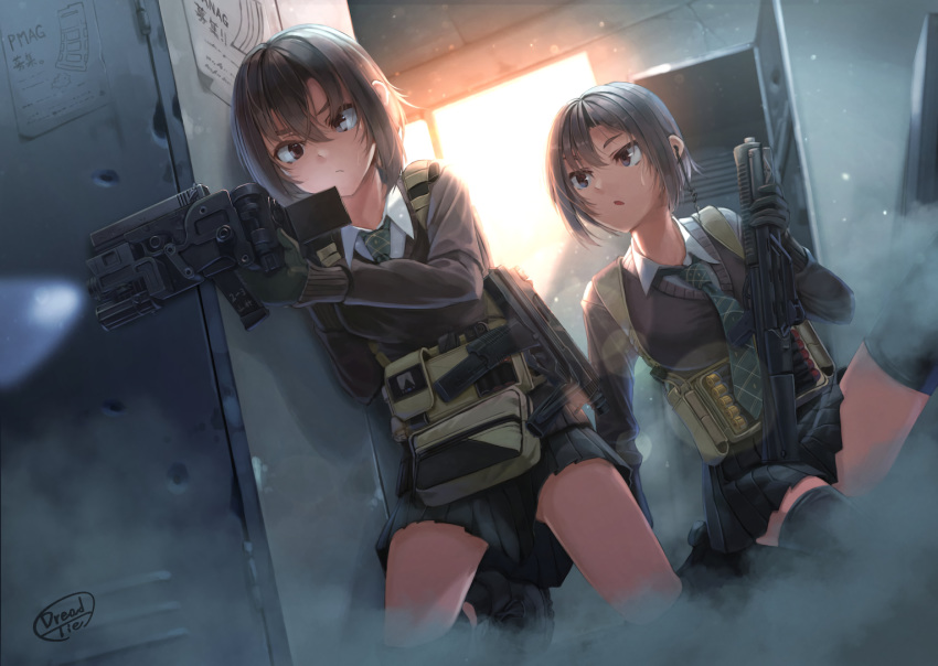 2girls black_hair brown_eyes dreadtie gloves gun headphones original paper school_uniform short_hair signed skirt thighhighs tie weapon