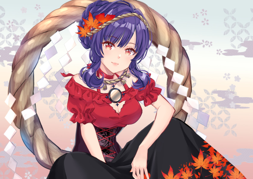 blue_hair dress leaves miyakoto red_eyes short_hair touhou yasaka_kanako