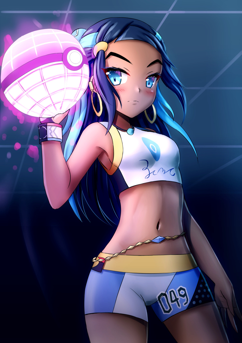 1girl bare_shoulders black_gloves blue_eyes blue_hair blue_shorts blush breasts closed_mouth commentary_request cowboy_shot dark_skin dynamax_ball ear_piercing earrings forehead gloves glowing gym_leader highres holding holding_poke_ball hoop_earrings jewelry long_hair looking_at_viewer midriff multicolored_hair navel partly_fingerless_gloves piercing poke_ball pokemon pokemon_(game) pokemon_swsh prophosphere purple_hair rurina_(pokemon) short_shorts shorts single_glove small_breasts solo two-tone_hair