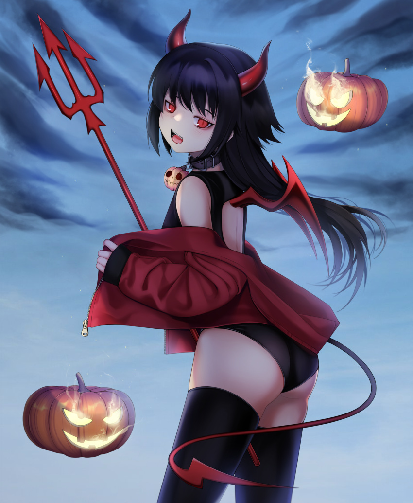 1girl absurdres ass black_hair black_legwear black_swimsuit blue_background blush collar commentary cowboy_shot demon_girl demon_horns demon_tail fire from_side halloween highres horns jack-o'-lantern jacket long_hair looking_at_viewer off_shoulder ompf one-piece_swimsuit open_clothes open_jacket open_mouth original pitchfork red_eyes red_jacket sleeves_past_wrists slit_pupils solo standing swimsuit tail thighhighs
