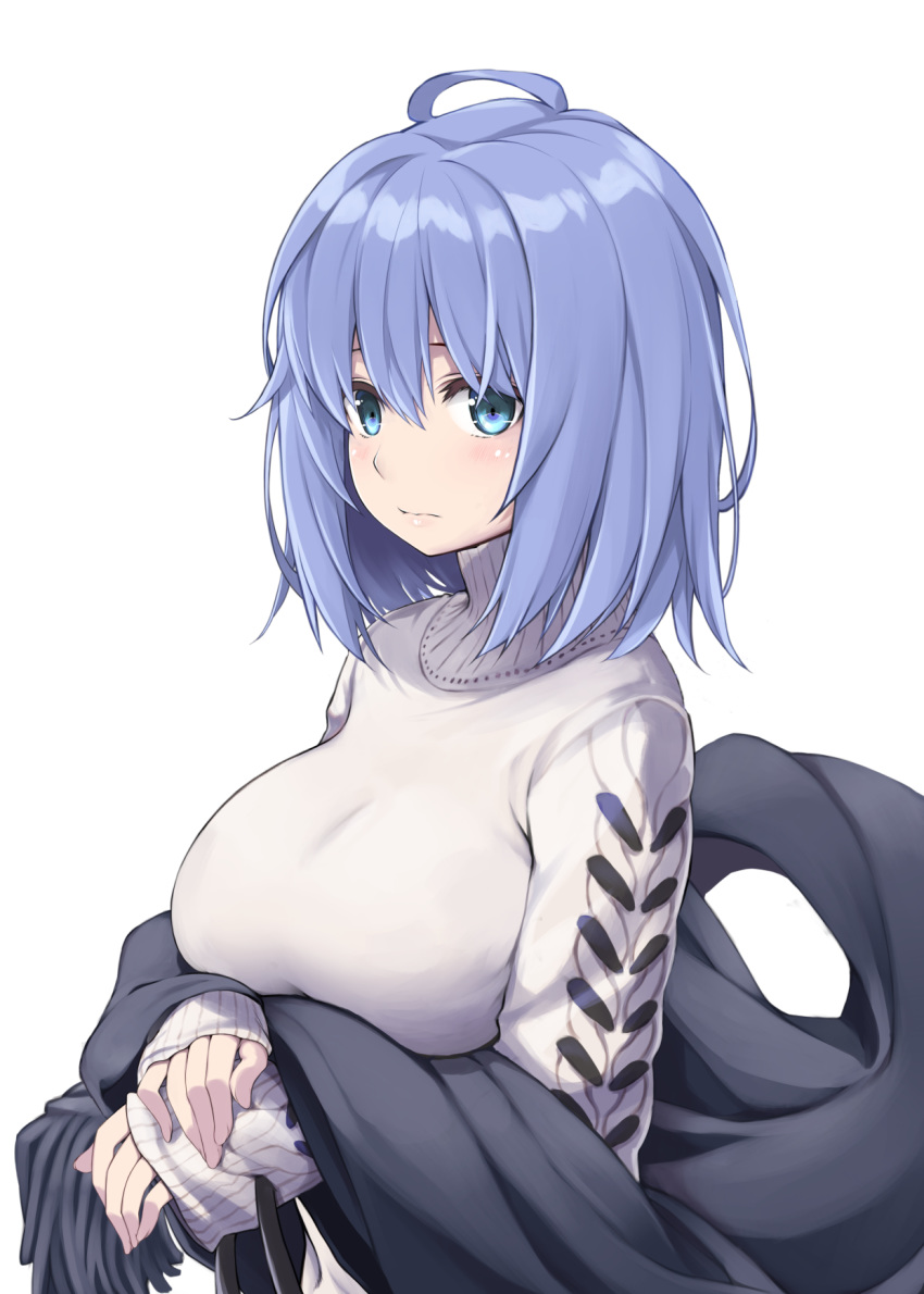 1girl bangs big_wednesday black_scarf blue_eyes blue_hair blush breasts closed_mouth fringe_trim grey_sweater highres large_breasts long_sleeves original own_hands_together scarf short_hair simple_background sleeves_past_wrists solo sweater turtleneck turtleneck_sweater upper_body white_background