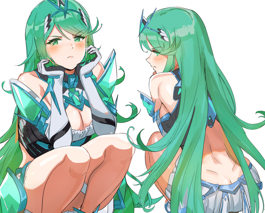 1girl absurdres anger_vein aqua_eyes aqua_hair ass bangs bare_shoulders blush breasts chest_jewel chin_rest cleavage closed_mouth cosplay elbow_gloves frown gem gloves green_eyes green_hair headpiece highres hikari_(xenoblade_2) hikari_(xenoblade_2)_(cosplay) jewelry large_breasts long_hair looking_at_viewer multiple_views ormille pneuma_(xenoblade_2) simple_background squatting swept_bangs thighs tiara white_background xenoblade_(series) xenoblade_2