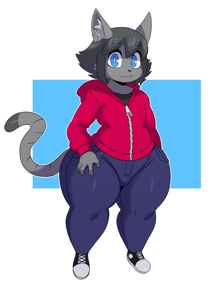 2019 4_fingers :3 absurd_res anthro black_hair blue_eyes bottomwear bulge clothed clothing cory_(hevymin) curvy_figure domestic_cat eyebrow_through_hair eyebrows felid feline felis fingers fur girly grey_body grey_fur hair hi_res hoodie jeans looking_at_viewer male mammal pants simple_background solo sssonic2 striped_body striped_fur stripes thick_thighs topwear translucent translucent_hair voluptuous white_background wide_hips zipper