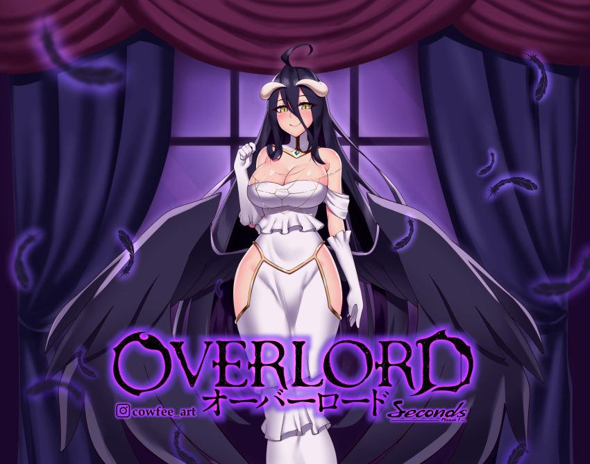 1girl ahoge albedo arm_at_side bangs bare_shoulders black_feathers black_hair black_wings breasts cleavage commentary copyright_name cowfee curtains detached_collar dress elbow_gloves english_commentary feathers gloves hair_between_eyes hand_up highres hip_vent horns instagram_username large_breasts long_hair looking_at_viewer low_wings overlord_(maruyama) slit_pupils smile solo very_long_hair white_dress white_gloves wings yellow_eyes