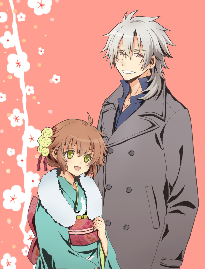 1boy 1girl :d ahoge aono_(aonocrotowa) aqua_kimono bangs blue_shirt brown_hair collarbone dress_shirt earrings eiyuu_densetsu eyebrows_visible_through_hair flower green_eyes grey_coat grin hair_between_eyes hair_flower hair_ornament hair_over_shoulder hair_ribbon highres japanese_clothes jewelry kimono long_hair long_sleeves looking_at_viewer obi open_mouth pink_background rean_schwartzer red_eyes red_ribbon ribbon sash sen_no_kiseki shirt short_hair silver_hair smile standing towa_herschel yellow_flower yukata