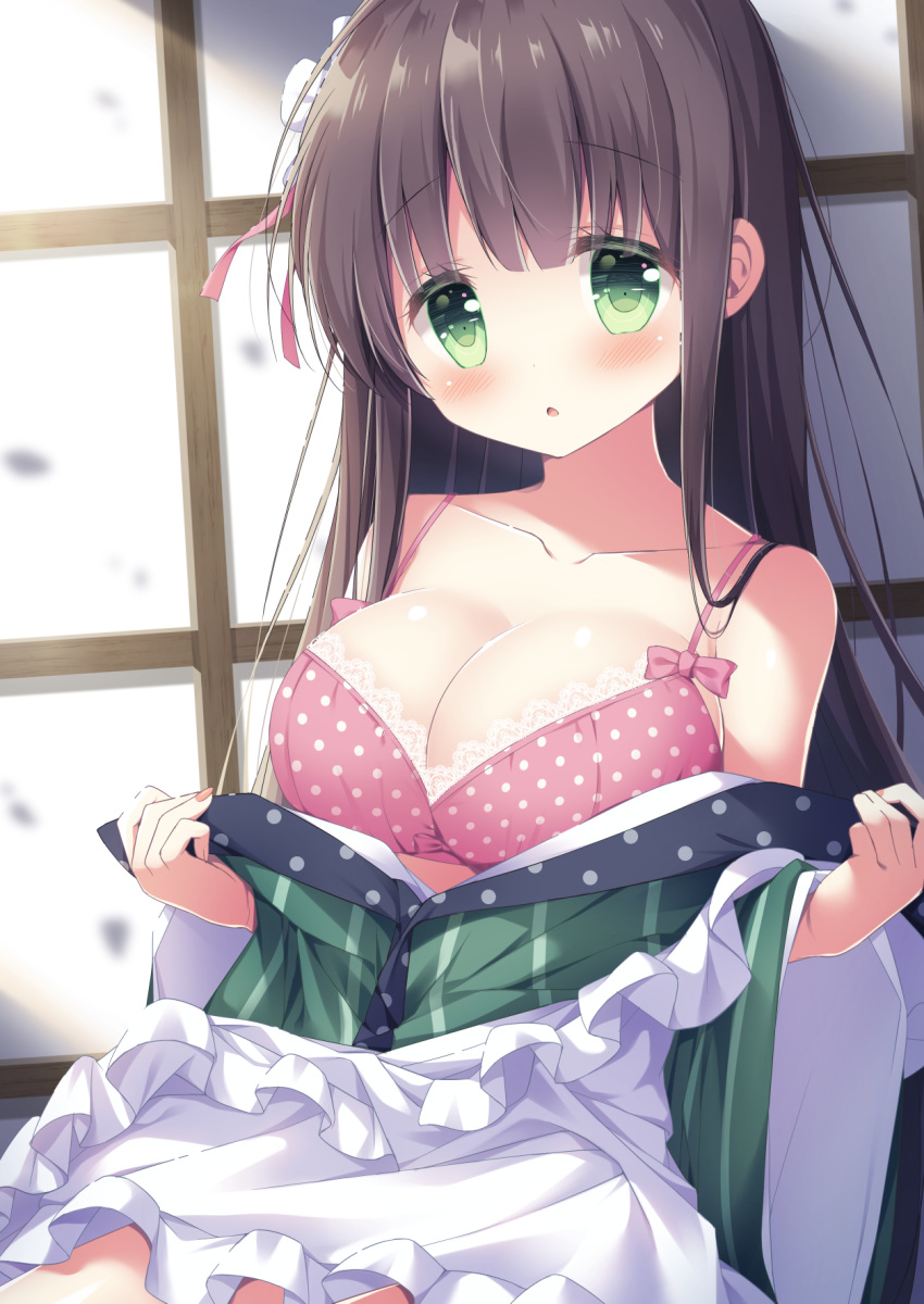 1girl :o apron bangs bare_shoulders blunt_bangs blush bow bra breasts brown_hair cleavage collarbone commentary_request eyebrows_visible_through_hair frilled_apron frills gochuumon_wa_usagi_desu_ka? green_eyes green_kimono highres japanese_clothes kimono lace lace-trimmed_bra large_breasts long_hair long_sleeves looking_at_viewer parted_lips pink_bow pink_bra polka_dot polka_dot_bra satsuki_yukimi sidelocks solo striped ujimatsu_chiya underwear undressing vertical-striped_kimono vertical_stripes very_long_hair white_apron wide_sleeves