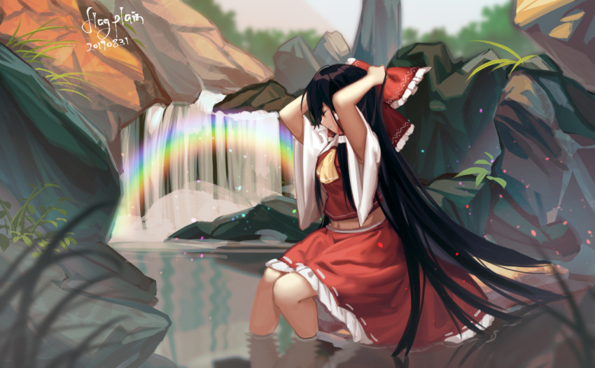 1girl arms_behind_head arms_up bangs black_hair bow closed_eyes frilled_bow frilled_skirt frills furahata_gen grass hair_bow hair_tubes hakurei_reimu long_hair midriff rainbow red_bow red_shirt red_skirt reflection reflective_water rock scenery shirt sitting skirt skirt_set touhou water waterfall yellow_neckwear