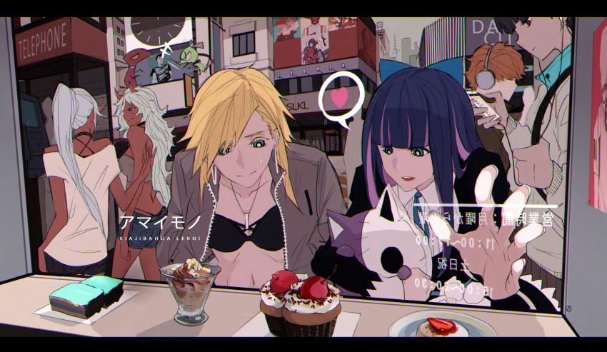 2boys 4girls bangs bare_shoulders black_dress blonde_hair blunt_bangs breasts brief_(psg) cake casual cellphone chromatic_aberration chuck_(psg) city closed_mouth collared_shirt commentary_request cupcake dark_skin denim denim_shorts display dress earrings food fruit garterbelt_(psg) headphones heart highres holding holding_phone holding_stuffed_animal honekoneko_(psg) horns in-ear_earphones jacket jewelry kantai_collection kneesocks_(psg) letterboxed long_hair long_sleeves multicolored_hair multiple_boys multiple_girls mutsu_(kantai_collection) necklace off-shoulder_shirt off_shoulder open_clothes open_jacket panty_&amp;_stocking_with_garterbelt panty_(psg) phone ponytail purple_hair ram_(re:zero) re:zero_kara_hajimeru_isekai_seikatsu rem_(re:zero) reroi revision scanty_(psg) shirt short_shorts shorts siblings silver_hair sisters small_breasts smartphone speech_bubble spoken_heart standing stocking_(psg) strawberry stuffed_animal stuffed_toy translated twins two-tone_hair unzipped walking white_shirt window