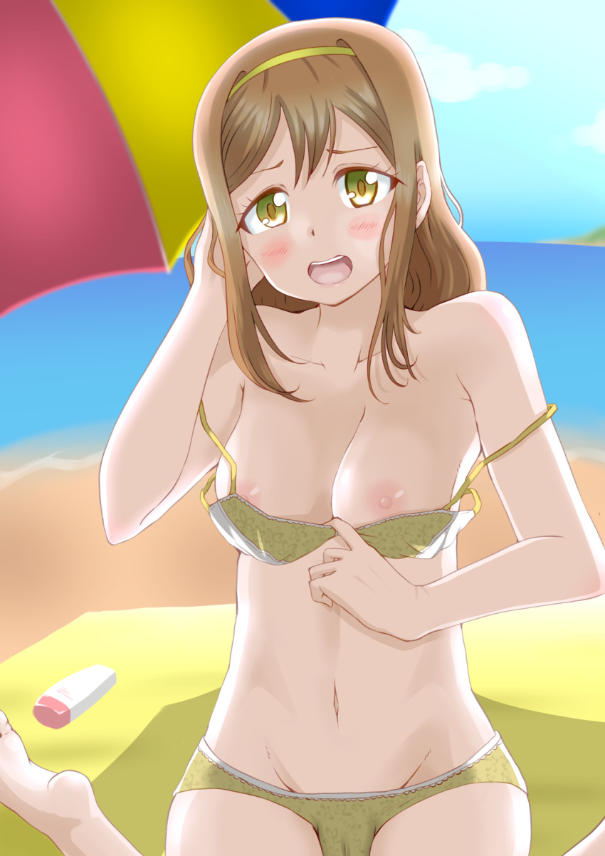 1girl beach_umbrella bikini bikini_pull blue_sky blush breasts brown_hair chi-ha_(72_blue_bird) cloud green_bikini green_eyes groin hand_in_hair highres kunikida_hanamaru long_hair love_live! love_live!_school_idol_project love_live!_sunshine!! medium_breasts navel nipples ocean open_mouth self_exposure shore sitting sky solo strap_slip swimsuit umbrella wariza water