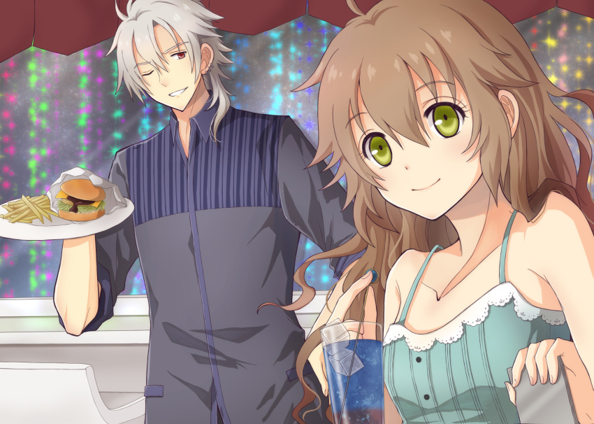 1boy 1girl absurdres aono_(aonocrotowa) aqua_shirt bangs brown_hair closed_mouth collarbone earrings eiyuu_densetsu eyebrows_visible_through_hair food green_eyes grey_jacket grin hair_between_eyes hair_over_shoulder hamburger highres holding holding_plate jacket jewelry long_hair one_eye_closed plate rean_schwartzer sen_no_kiseki shiny shiny_hair shirt silver_hair sleeveless sleeveless_shirt smile towa_herschel