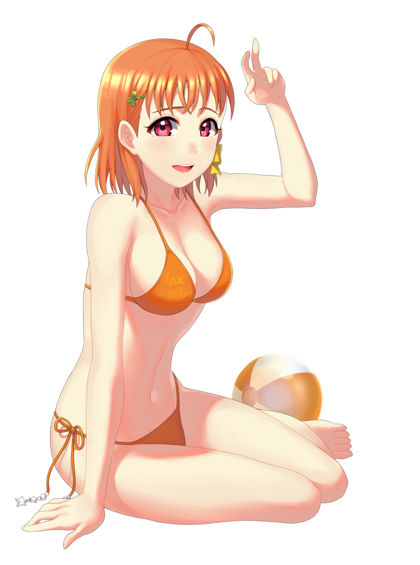 1girl absurdres ahoge arm_support arm_up ball barefoot beachball bikini breasts chu_kai_man cleavage clover_hair_ornament english_text hair_ornament hair_ribbon highres love_live! love_live!_school_idol_project love_live!_sunshine!! medium_breasts navel orange_bikini orange_hair red_eyes ribbon side-tie_bikini smile solo swimsuit takami_chika thighs yellow_ribbon