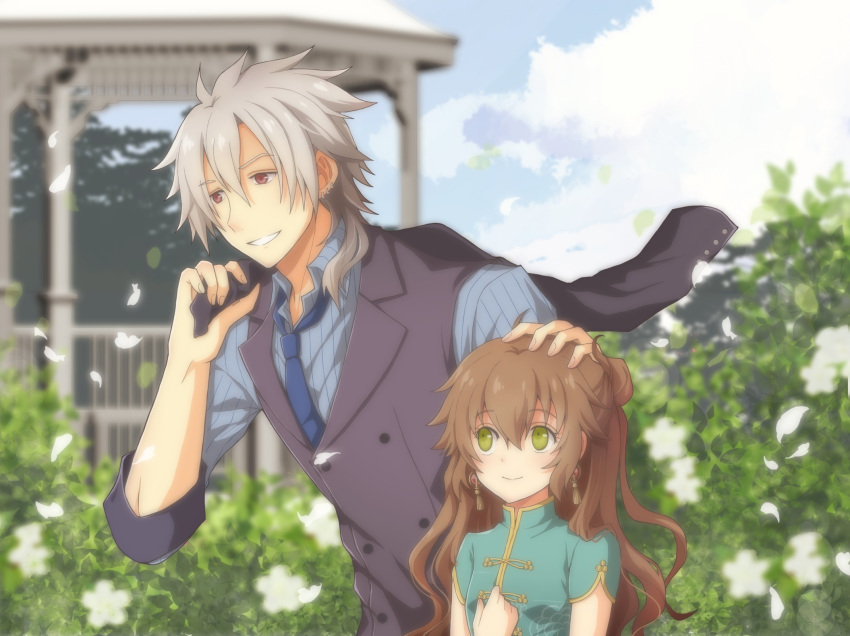 1boy 1girl aono_(aonocrotowa) bangs black_jacket blue_neckwear blue_shirt blurry blurry_background brown_hair china_dress chinese_clothes closed_mouth cloud collared_shirt couple day dress earrings eiyuu_densetsu eyebrows_visible_through_hair flower green_dress green_eyes hair_between_eyes highres holding holding_jacket jacket jacket_removed jewelry long_hair long_sleeves necktie outdoors petals petting rean_schwartzer red_eyes sen_no_kiseki shirt short_sleeves silver_hair smile striped striped_shirt towa_herschel upper_body vertical-striped_shirt vertical_stripes white_flower wing_collar