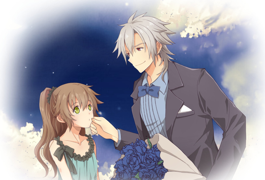 1boy 1girl aono_(aonocrotowa) black_bow black_jacket black_scrunchie blue_flower blue_neckwear blue_rose blue_shirt bouquet bow brown_hair closed_mouth collarbone collared_shirt couple earrings eiyuu_densetsu eye_contact flower green_eyes hair_ornament hair_scrunchie highres holding holding_bouquet jacket jewelry long_hair long_sleeves looking_at_another looking_up open_clothes open_jacket ponytail rean_schwartzer red_eyes rose scrunchie sen_no_kiseki shirt silver_hair sleeveless sleeveless_shirt smile towa_herschel wing_collar