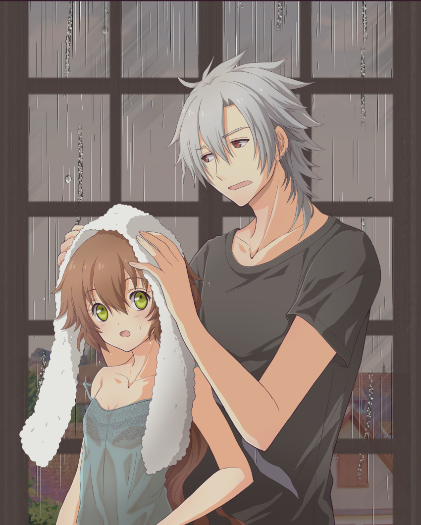 1boy 1girl absurdres against_window aono_(aonocrotowa) black_shirt blue_shirt breasts brown_hair cleavage collarbone couple earrings eiyuu_densetsu green_eyes highres holding holding_towel indoors jewelry long_hair off_shoulder open_mouth rain rean_schwartzer red_eyes sen_no_kiseki shirt short_sleeves silver_hair sleeveless sleeveless_shirt small_breasts towa_herschel towel towel_on_head upper_body very_long_hair wet wet_clothes wet_shirt