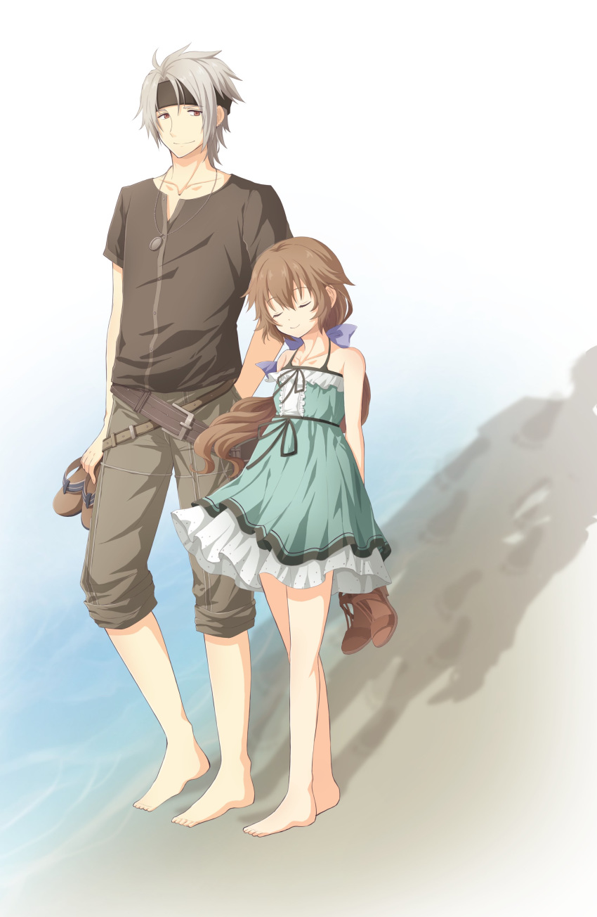 1boy 1girl absurdres aono_(aonocrotowa) aqua_dress barefoot belt belt_buckle brown_belt brown_hair brown_pants brown_shirt buckle closed_eyes closed_mouth collarbone dress eiyuu_densetsu floating_hair hand_in_pocket highres holding jewelry layered_dress long_hair necklace pants rean_schwartzer red_eyes sen_no_kiseki shirt short_dress short_sleeves silver_hair sleeveless sleeveless_dress smile towa_herschel very_long_hair walking white_background