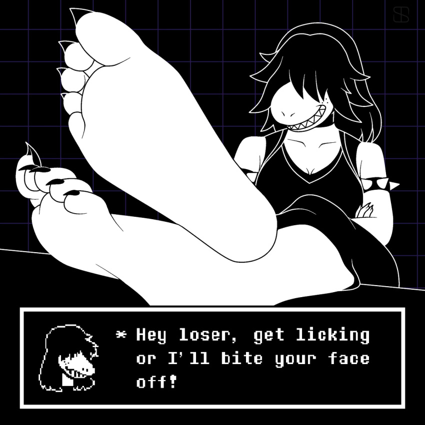 5_toes anthro barefoot breasts bullying capri_pants claws deltarune dialogue english_text feet female foot_focus hair humanoid_feet humanoid_hands long_hair reptile scalie sharp_claws sharp_teeth smile soles solo sonictemperance susie_(deltarune) taunting teeth text text_box threatening toe_claws toes video_games